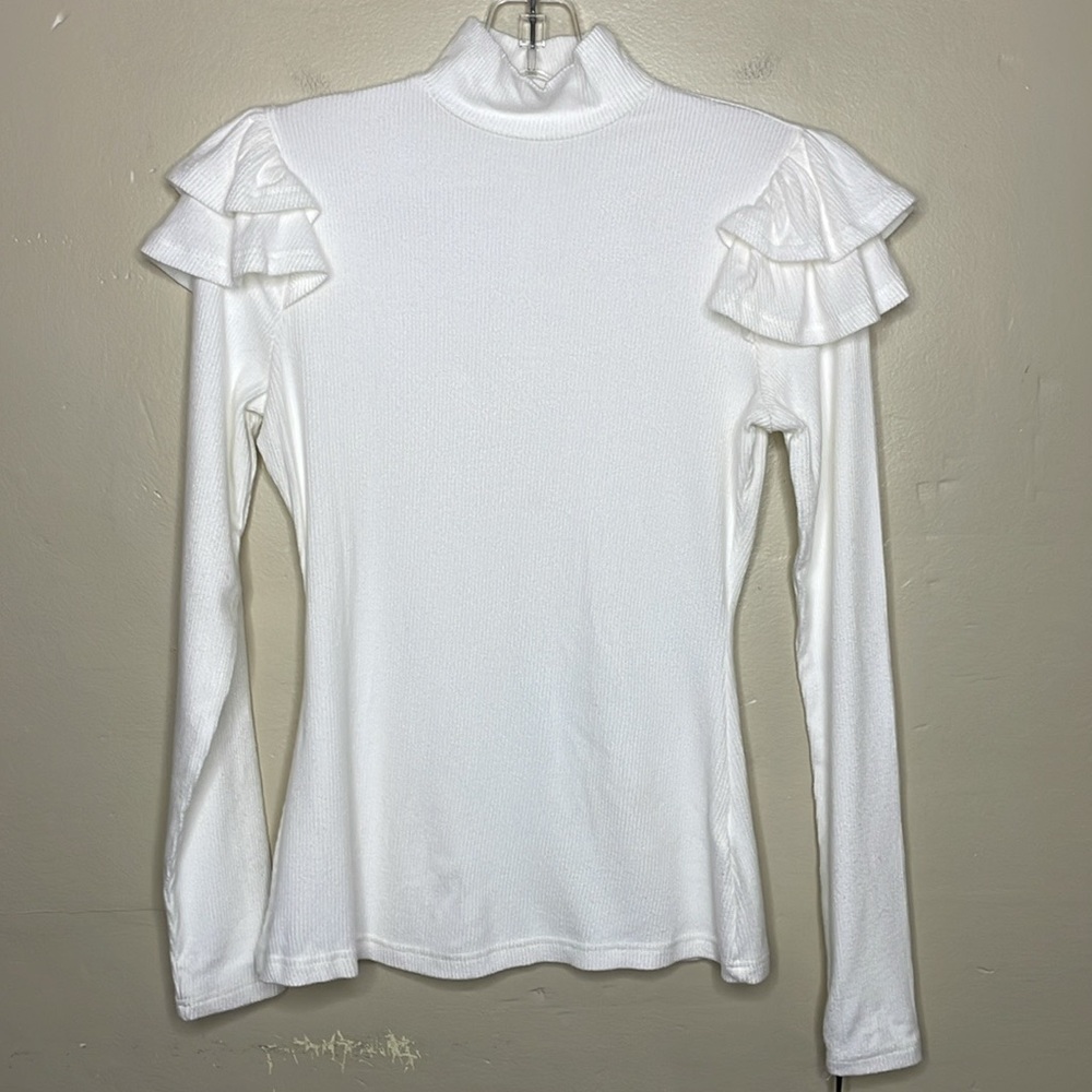 PENELOPE ROSE Top Cream Soft Ribbed Mock Neck Double Ruffle Shoulder Accent Sm - Picture 10 of 10
